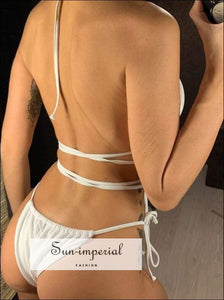 White Wrap around String Triangle Bikini top & side Tie bottom Set Black Around triangle tie bikini set, SUN-IMPERIAL United States