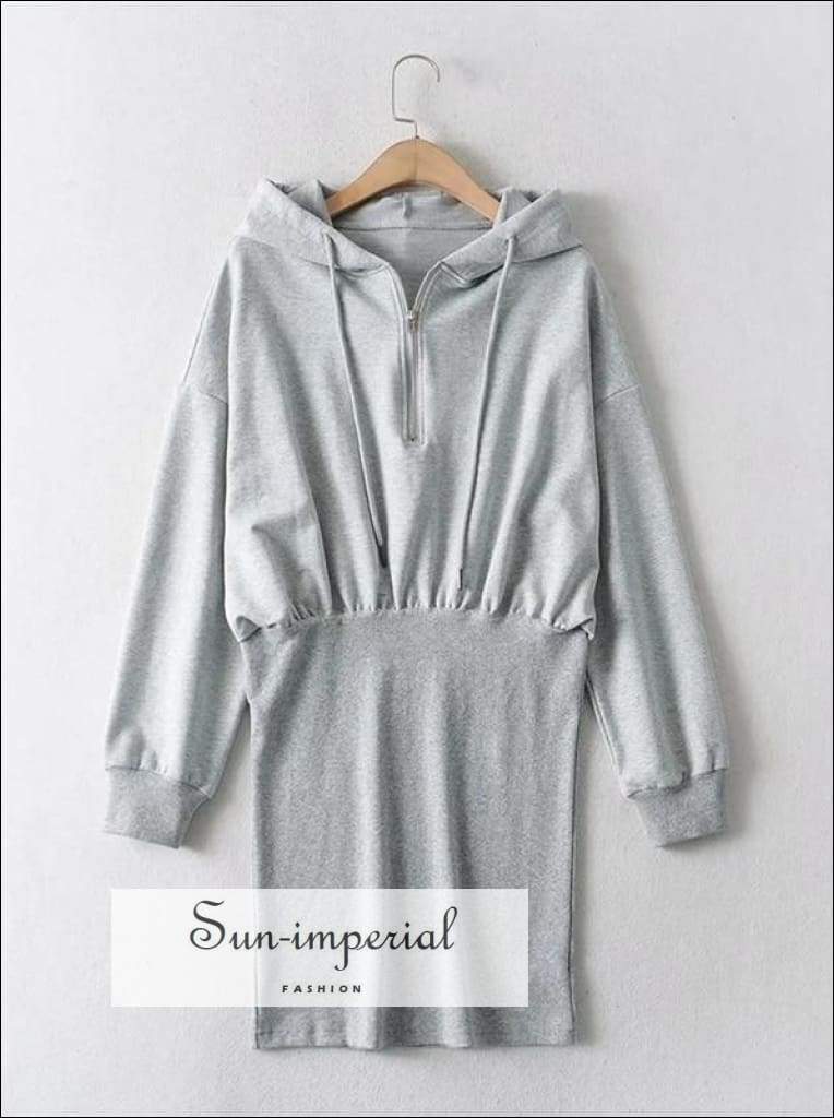 White Half Zip front Mini Hoodie Sweat Dress Drop Shoulder Hooded Sporty BASIC, Basic style, Sporty, sporty street style SUN-IMPERIAL United