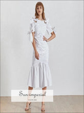 Willow Dress- Bowknot Women White Midi Dress High Neck Short Sleeve Waist Ruched Mermaid Slim Sleeve, Slash Neck, Dresses, Summer Bowknot, 