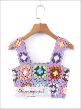 Woman Knitted Cut out Crochet Plaid Flower Cropped Tank top Beach Style Print, Bohemian Style, boho style, chick sexy harajuku style 