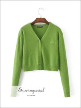 Women Green Angora Yarns Embroidered Letter Cardigan
