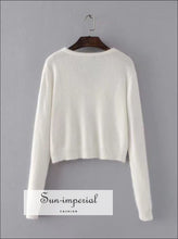 Women White Angora Yarns Embroidered Letter Cardigan