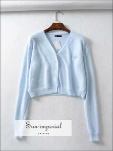 Women Sky Blue Angora Yarns Embroidered Letter Cardigan