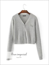 Women White Angora Yarns Embroidered Letter Cardigan