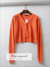 Women Orange Angora Yarns Embroidered Letter Cardigan