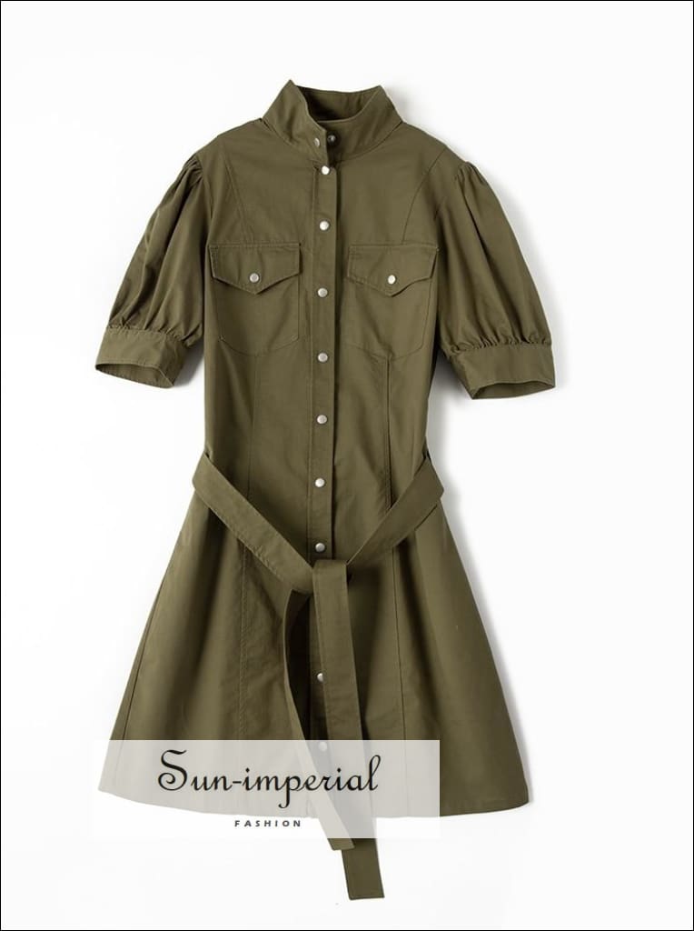 Women Army Green Buttoned Short Puff Sleeve Mini Dress with Stand-up Collar front Pockets and Tie casual style, elegant harajuku Preppy 