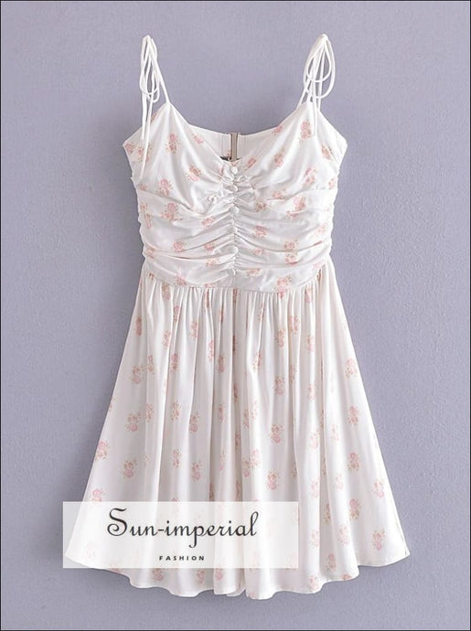 Women Backless White with Pink Floral Print A-line Ruched Bustier Mini Dress Tie Strap and beach party dress, Beach Style Print, bohemian 