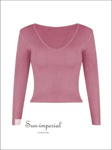 Women Basic v Neck Ribbed Cropped Jumper Top style, Bohemian Style, casual Preppy Style Clothes, vintage style Sun-Imperial United States