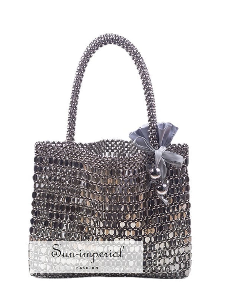 Sun-imperial women beaded glitter silver top-handle tote bag
