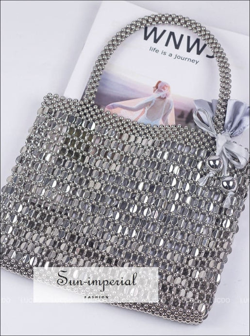 Women Beaded Glitter Silver Top-handle Tote Bag Evening Party Mobile Phone Sun-Imperial United States