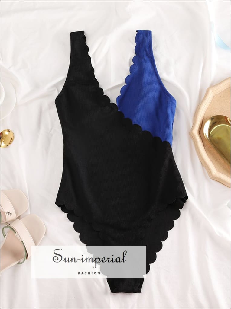 Women Beige and Blue Ribbed Two Tone Color Block Scalloped Plunge One Piece Swimsuit Black And Swimsuit, SUN-IMPERIAL United States