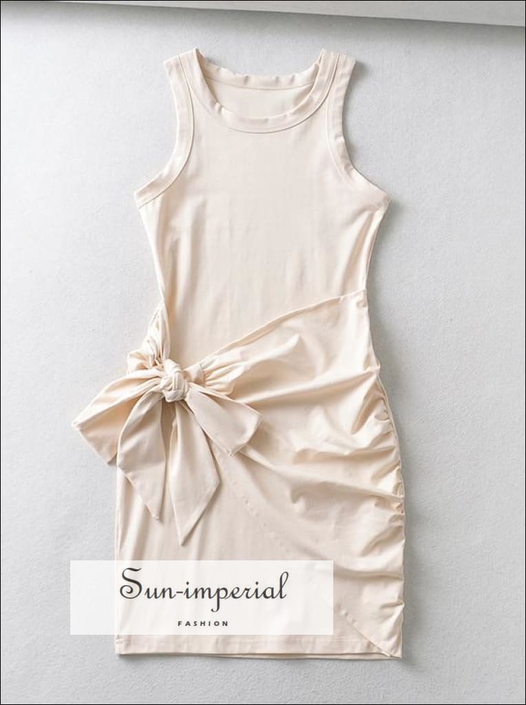 Sun-Imperial - Women Beige Bodycon Tie Waist Racer Tank High Neck Mini Dress Beige / M Sun-Imperial - Women Beige Bodycon Tie Waist Racer Tank High Neck Mini Dress Beige / M