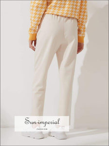 Women Beige Casual thick Trousers Pants with Elastic Waist and Pockets detail SUN-IMPERIAL United States