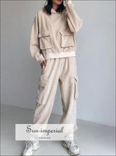 Women Beige Corduroy Oversized Hoodie with Pocket and Relaxed Cargo Pants Co-ord Set Basic style, casual harajuku PUNK STYLE, sporty style 