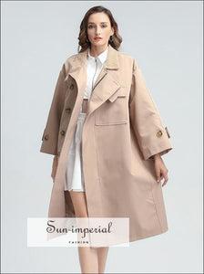 Women Beige Loose Long Sleeve Windbreaker with Turtleneck and Belt Details Basic style, casual coat, elegant Jacket Coat SUN-IMPERIAL United