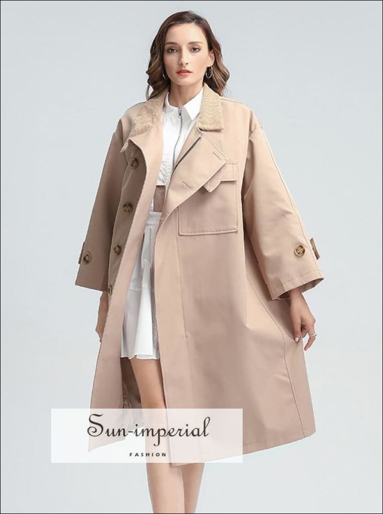 Women Beige Loose Long Sleeve Windbreaker with Turtleneck and Belt Details Basic style, casual coat, elegant Jacket Coat SUN-IMPERIAL United