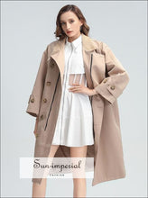 Women Beige Loose Long Sleeve Windbreaker with Turtleneck and Belt Details Basic style, casual coat, elegant Jacket Coat SUN-IMPERIAL United