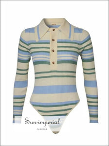 Women Beige Spread Collar Partial Button Blue and Green Striped Soft Knit Rib Bodysuit Long Sleeved Basic style, casual Preppy Style 