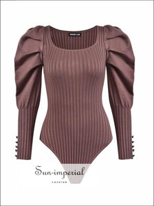 Women Beige Vintage Scoop Neck Rib Knitted Bodysuit with Long Puff Sleeve Basic style, chick sexy Unique vintage style SUN-IMPERIAL United 