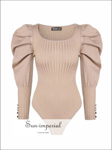 Women Beige Vintage Scoop Neck Rib Knitted Bodysuit with Long Puff Sleeve Basic style, chick sexy Unique vintage style SUN-IMPERIAL United 
