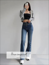 Women Blue High Waist Flare Jeans with Belt Basic style, casual harajuku PUNK STYLE, street style SUN-IMPERIAL United States