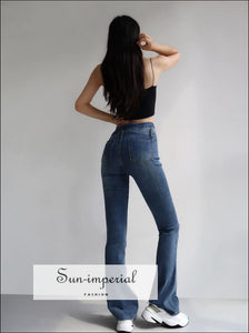 Women Blue High Waist Flare Jeans with Belt Basic style, casual harajuku PUNK STYLE, street style SUN-IMPERIAL United States