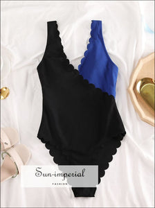 Women Black and Blue Ribbed Two Tone Color Block Scalloped Plunge One Piece Swimsuit And Beige Swimsuit, SUN-IMPERIAL United States