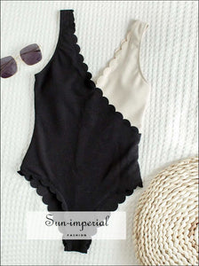 Women Black and Blue Ribbed Two Tone Color Block Scalloped Plunge One Piece Swimsuit And Beige Swimsuit, SUN-IMPERIAL United States