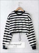 Women Black and Grey Striped Crew Neck Drawstring Hem Crop Sweatshirt Dropped Shoulders top Basic style, casual Preppy Style Clothes, sporty