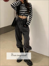 Women Black and Grey Striped Crew Neck Drawstring Hem Crop Sweatshirt Dropped Shoulders top Basic style, casual Preppy Style Clothes, sporty