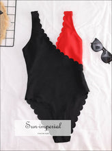 Women Black and Red Ribbed Two Tone Color Block Scalloped Plunge One Piece Swimsuit And Beige Swimsuit, SUN-IMPERIAL United States