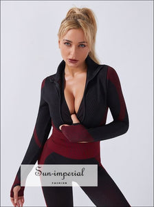 Women Black and Rust Color Block Cropped Long Sleeve Stand Collar Sport Jacket with front Zipper ACTIVE WEAR, active wear women, activewear,