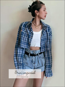 Women Black and White Check Cropped Golden Buttons Shirt Checked Blouse Basic style, harajuku PUNK STYLE, sporty street style SUN-IMPERIAL 