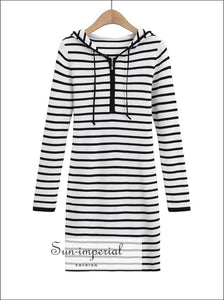 Sun-imperial - women Black and White striped long sleeve drawstring rib-knit hooded bodycon mini Black / M Sun-imperial - women Black and White striped long sleeve drawstring rib-knit hooded bodycon mini Black / M