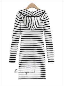 Women Black and White Striped Long Sleeve Drawstring Rib-knit Hooded Bodycon Mini Dress with Zip Basic style, casual PUNK STYLE, sporty 