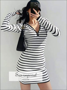 Women Black and White Striped Long Sleeve Drawstring Rib-knit Hooded Bodycon Mini Dress with Zip Basic style, casual PUNK STYLE, sporty 