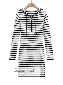 Women Black and White Striped Long Sleeve Drawstring Rib-knit Hooded Bodycon Mini Dress with Zip Basic style, casual PUNK STYLE, sporty 
