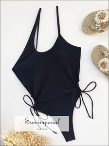 Women Black Asymmetric One Piece side Ruched Drawstring Thong High Cut Swimsuit Side SUN-IMPERIAL United States