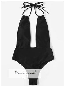 Women Black Beach Swimsuit One Piece High Waist Backless Plunge-in Neck - Deep V Neckline