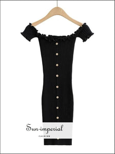 Women Black Bodycon off Shoulder Ribbed Mini Dress with Lettuce Trimming and Buttons detail Basic style, casual harajuku sporty street style