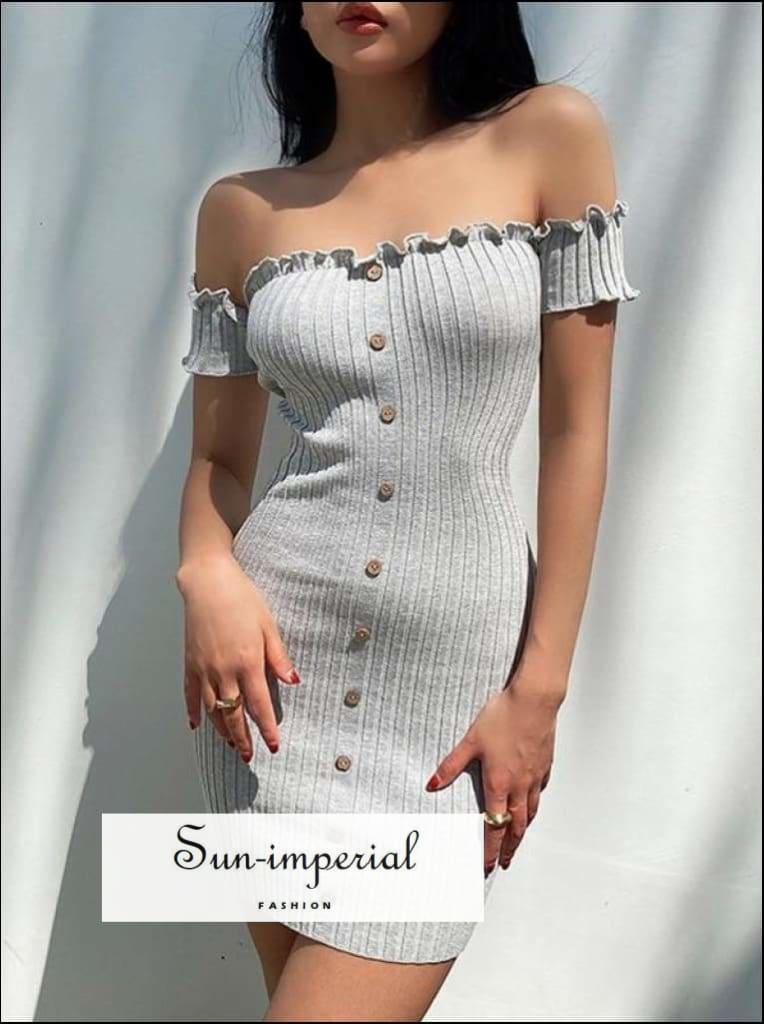 Sun-imperial - women Black bodycon off shoulder ribbed mini dress with lettuce trimming and buttons light blue / M Sun-imperial - women Black bodycon off shoulder ribbed mini dress with lettuce trimming and buttons light blue / M