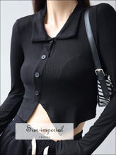 Women Black Buttoned Asymmetric Collared Ribbed Cardigan top Basic style, casual chick sexy harajuku Preppy Style Clothes SUN-IMPERIAL 