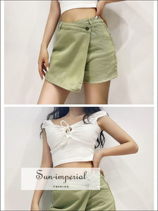 Women Black Casual an Asymmetric Wrap-style front Denim Shorts with side Pockets Mini Skirt denim shorts, green omen skirt shorts 