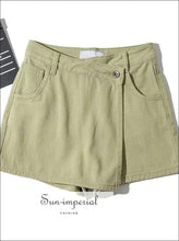 Women Black Casual an Asymmetric Wrap-style front Denim Shorts with side Pockets Mini Skirt denim shorts, green omen skirt shorts 