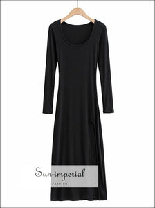 Women Black Casual Square Scoop Neck Long Sleeved Midi Dress with High Cut side Split Basic style, casual dress, chick sexy With Side 