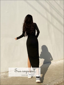 Women Black Casual Square Scoop Neck Long Sleeved Midi Dress with High Cut side Split Basic style, casual dress, chick sexy With Side 