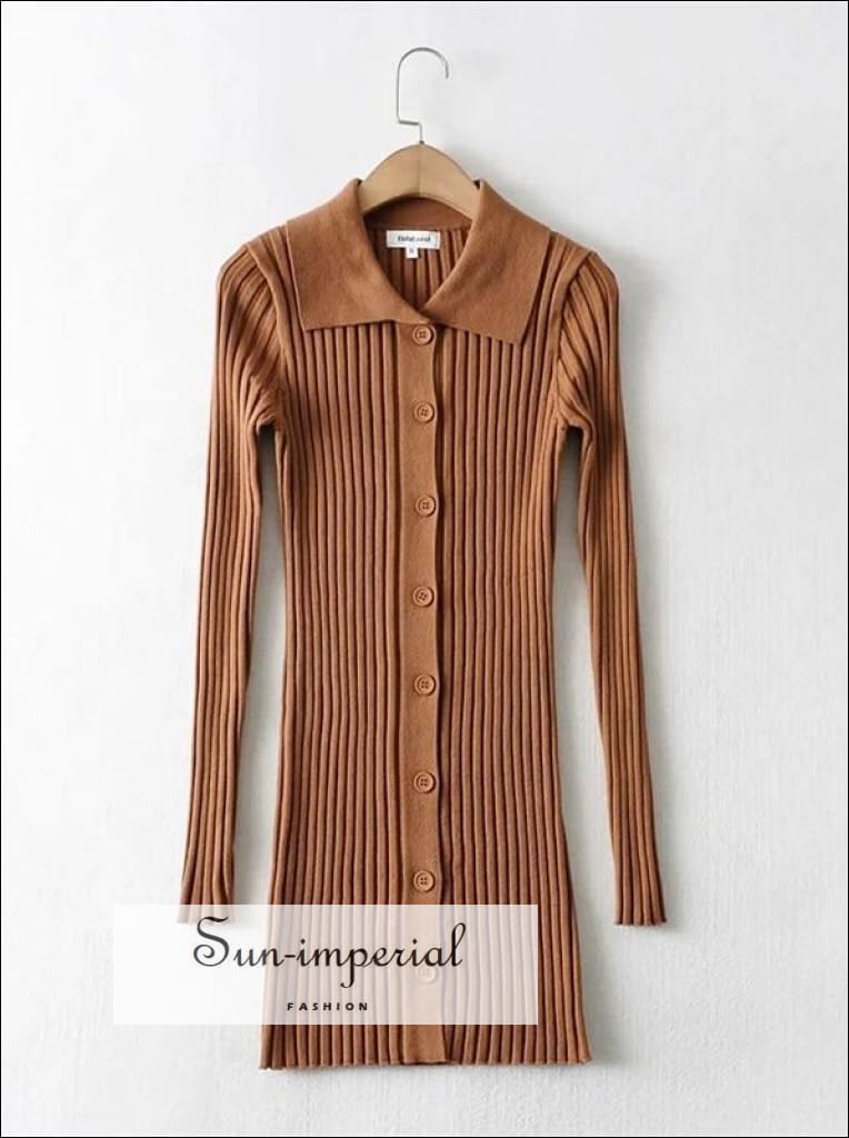 Sun-Imperial - Women Black Collared Buttoned Down Rib Knit Bodycon Long Sleeve Mini Dress Brown / M Sun-Imperial - Women Black Collared Buttoned Down Rib Knit Bodycon Long Sleeve Mini Dress Brown / M