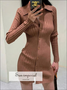 Women Black Collared Buttoned Down Rib Knit Bodycon Long Sleeve Mini Dress Basic style, casual chick sexy harajuku Preppy Style Clothes 