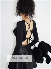 Women Black Cotton Backless Long Sleeve Cropped top with Cut out Lace up back Basic style, casual chick sexy harajuku PUNK STYLE 