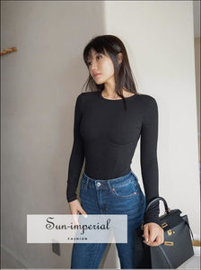 Women Black Crew Neck Corset Style Bust Seams Long Sleeve Bodysuit Basic style, bsic casual chick sexy corset style SUN-IMPERIAL United 